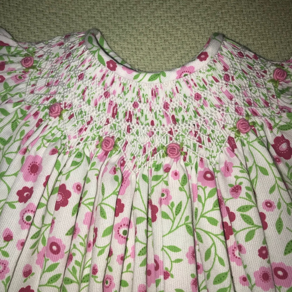 Floral gown with smocked neck and lace trim